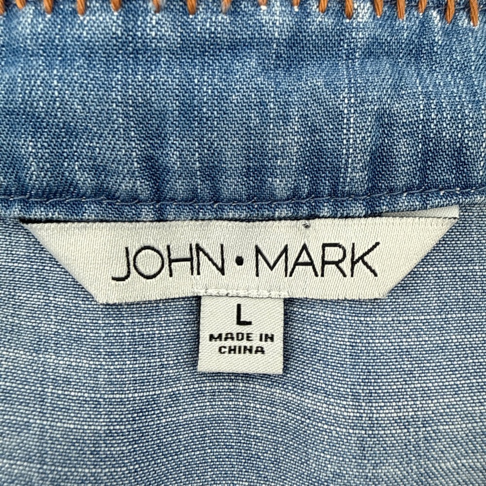 John Mark Embroidered Denim Linen‎ Top L Blue Floral Boho Bell Sleeve Fringe EUC - Picture 6 of 10